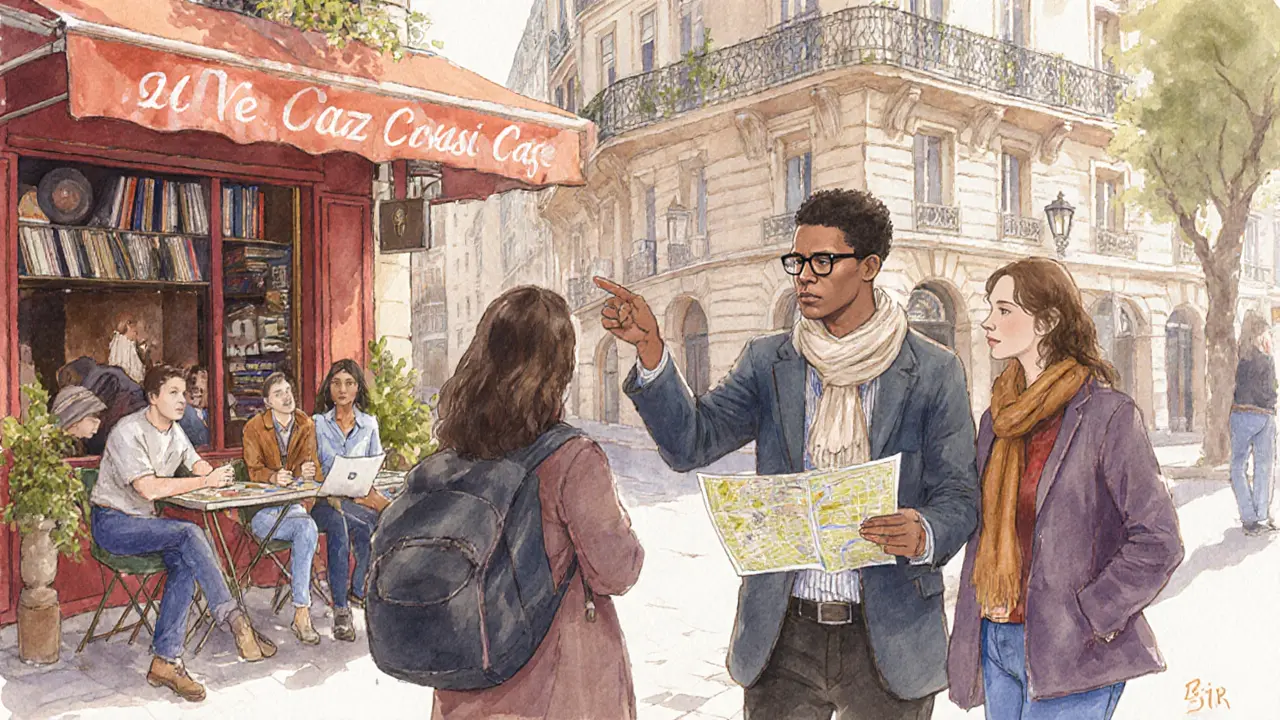 A cultural walking tour in Saint-Germain-des-Prés, with a guide and guests listening near a jazz café surrounded by books and records.