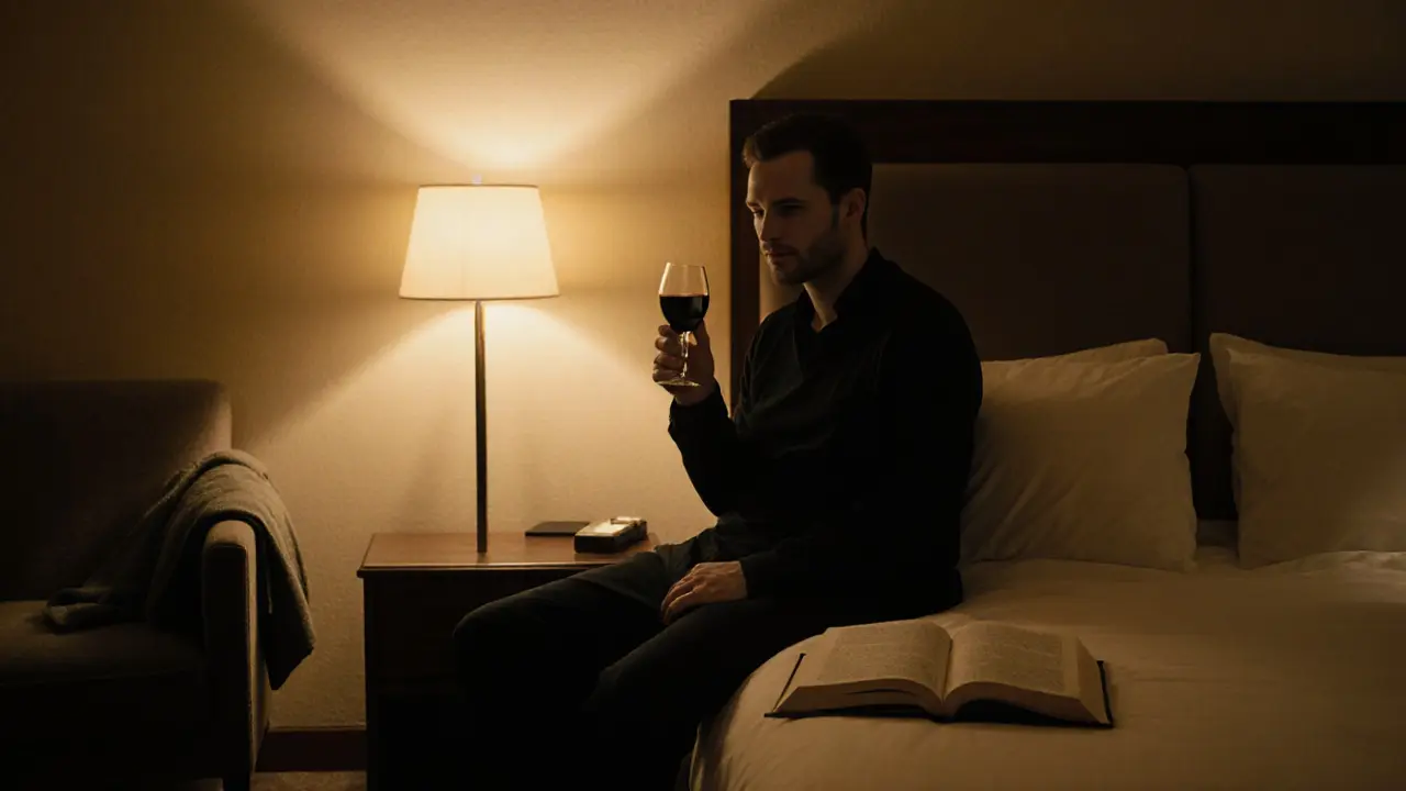 A man sitting alone in a hotel room, holding wine, looking thoughtful under soft golden light.