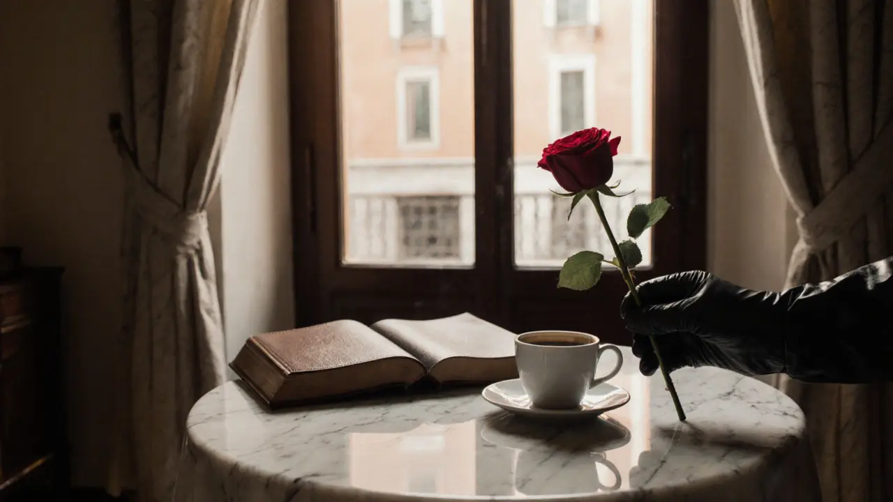 A single red rose and espresso cup on marble, suggesting a silent, elegant encounter.