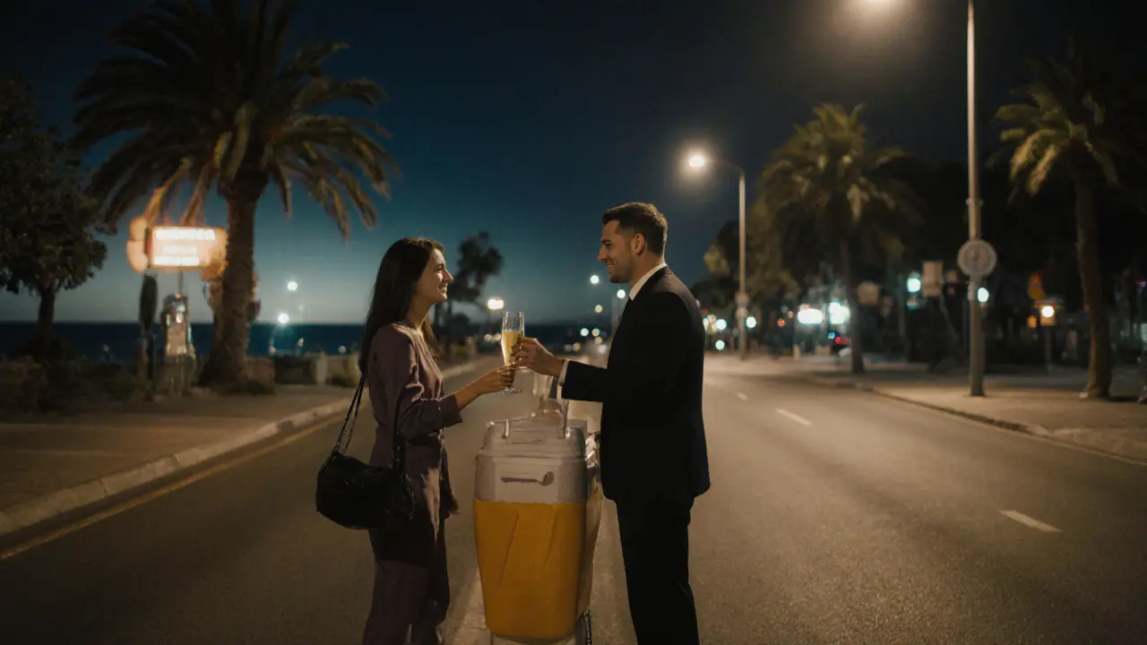 A taxi driver offers champagne to guests on a quiet midnight street with glowing sea in the background.