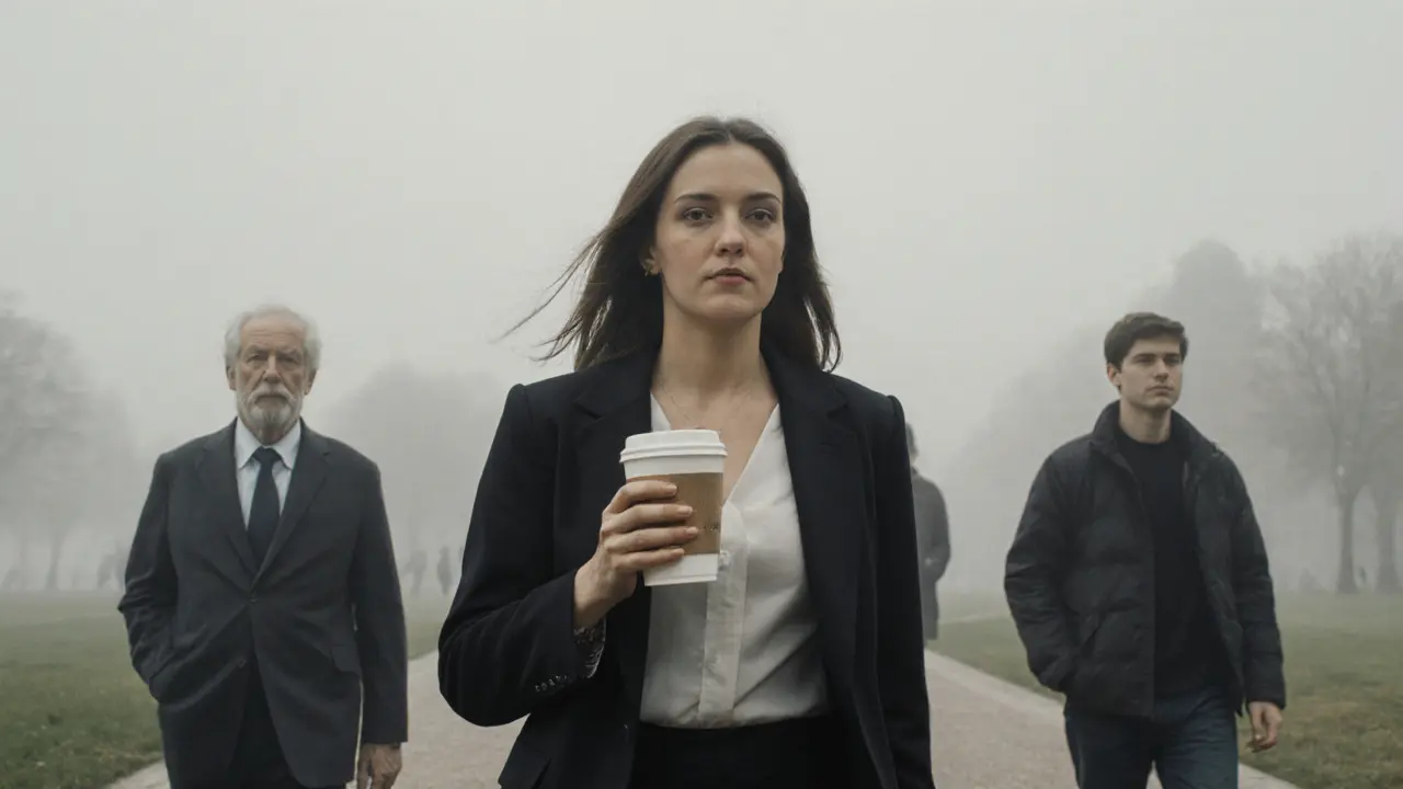 An independent escort walks through Parco Sempione at dawn, surrounded by solitary city dwellers.