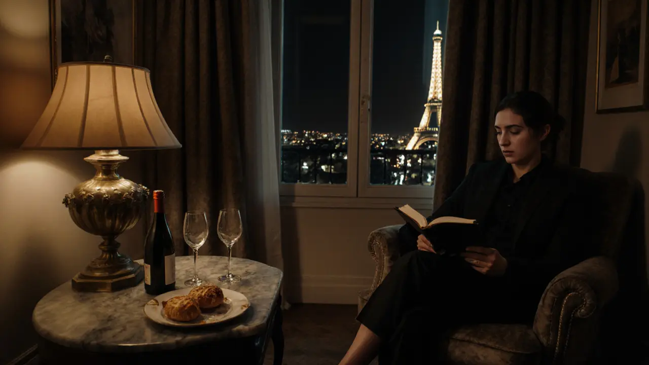 An intimate hotel room in Paris with wine, pastries, and a view of the Eiffel Tower, conveying companionship without explicit intimacy.