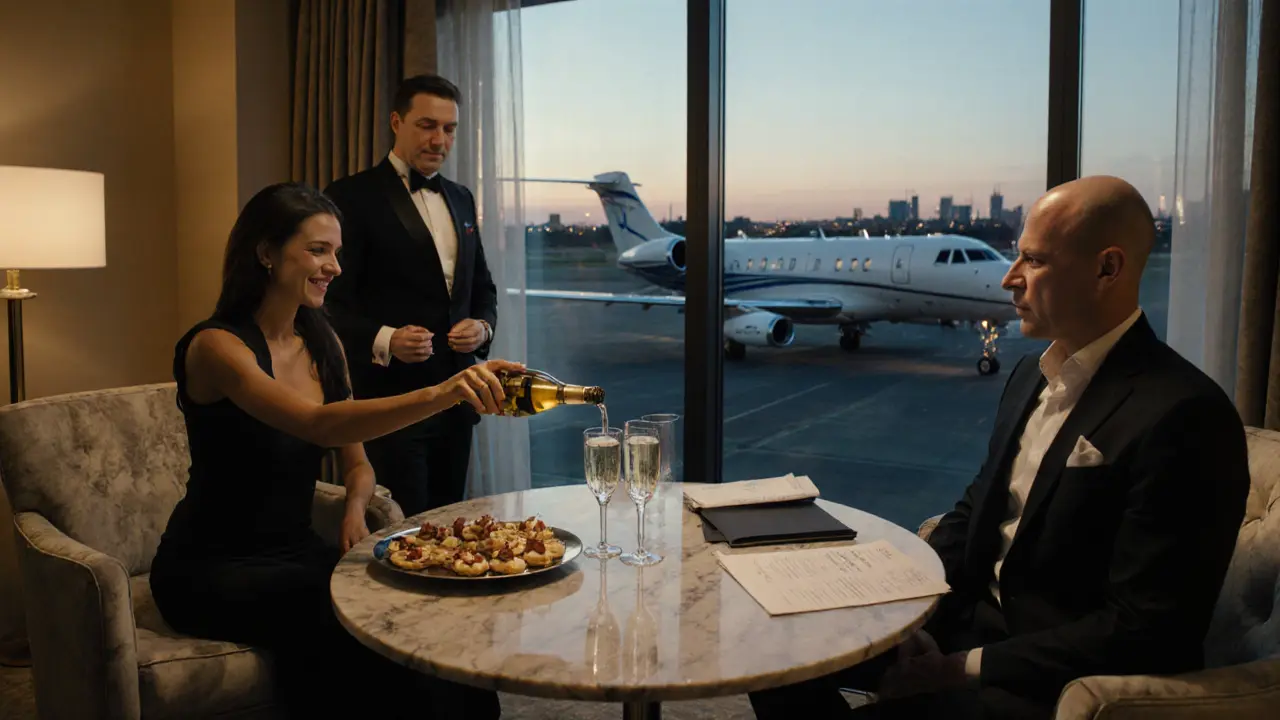 Chic hotel suite with private jet view, champagne and gourmet plates on a polished table.