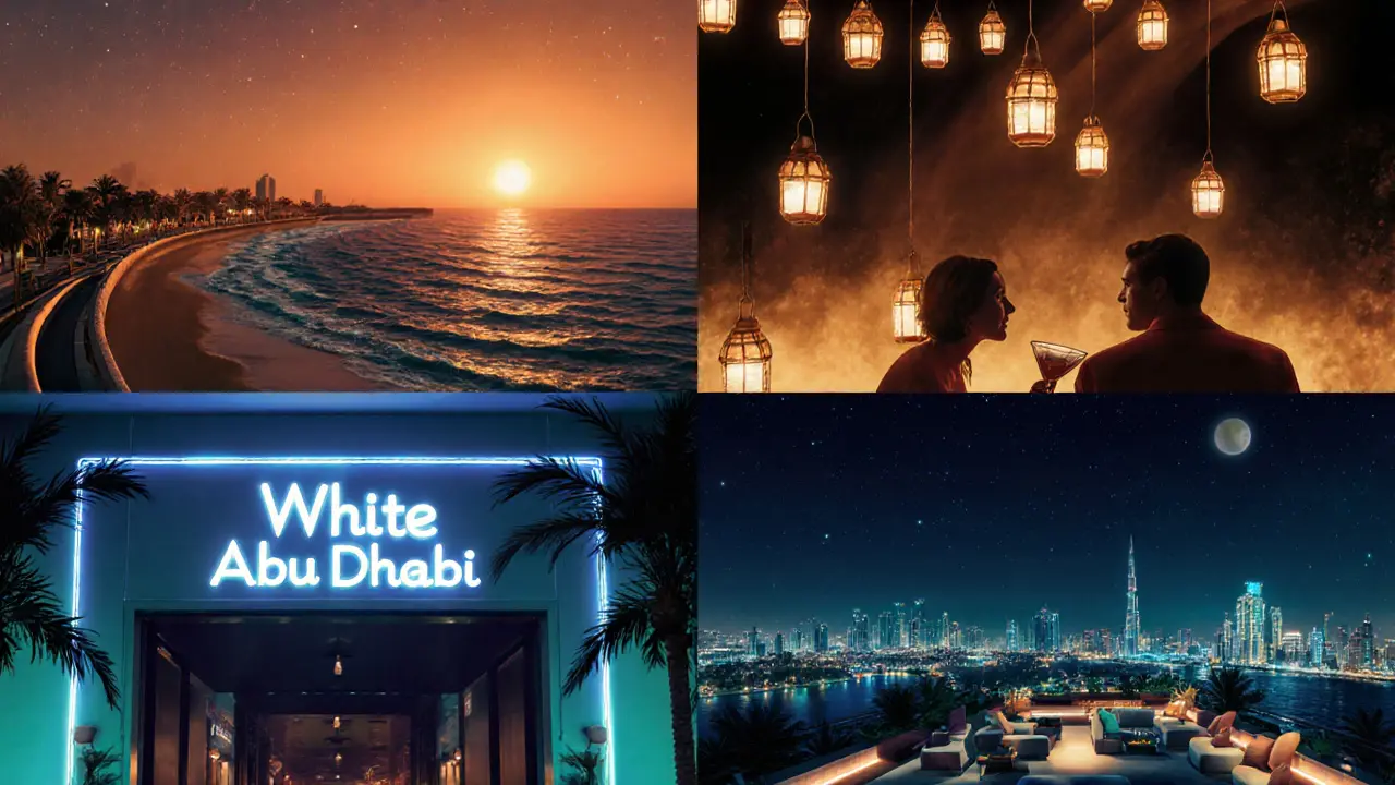 Collage of sunset Corniche, beach bar, club entrance, and rooftop lounge under stars.