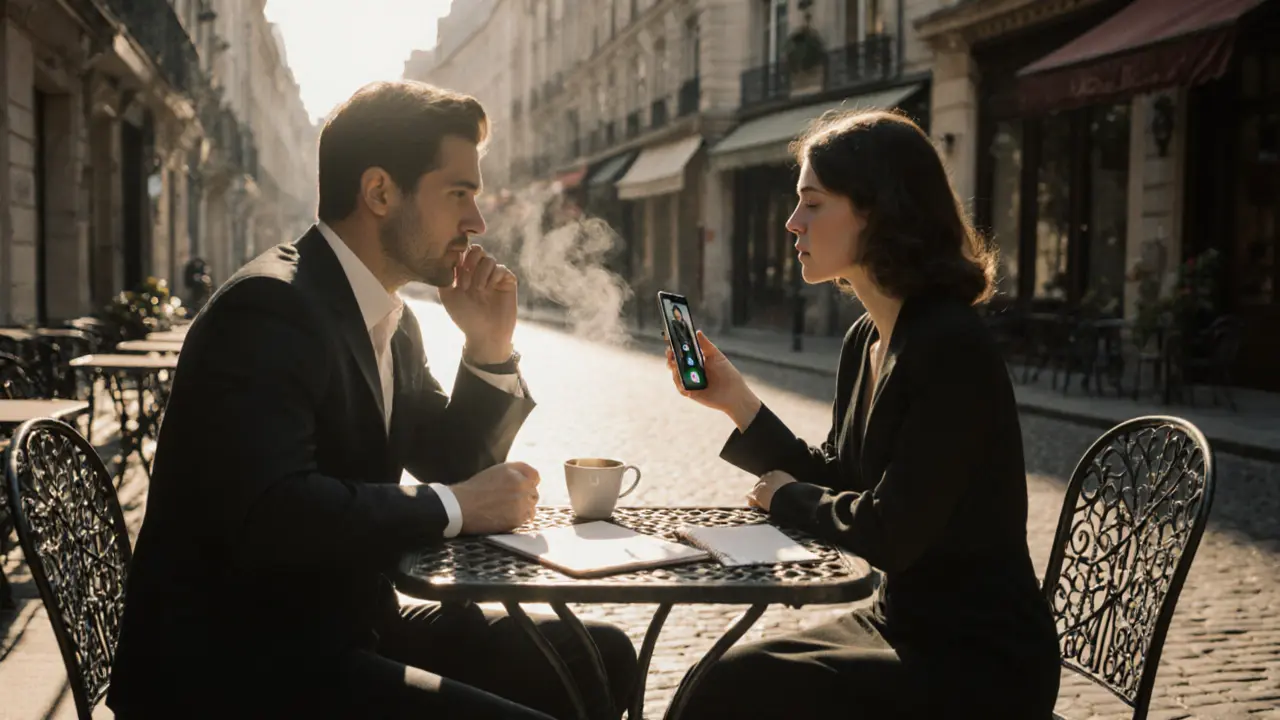 Couple at a Paris café table with coffee and phone showing verification video.