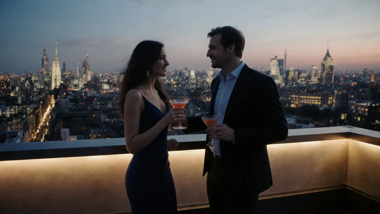Couple enjoying drinks on a rooftop bar with London skyline at dusk.