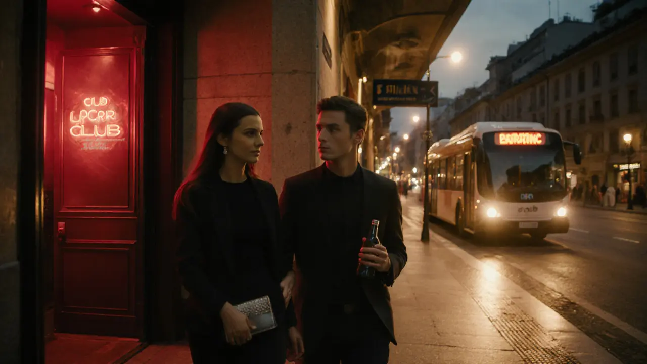 Couple leaving a club onto a metro entrance at sunrise in Milan.