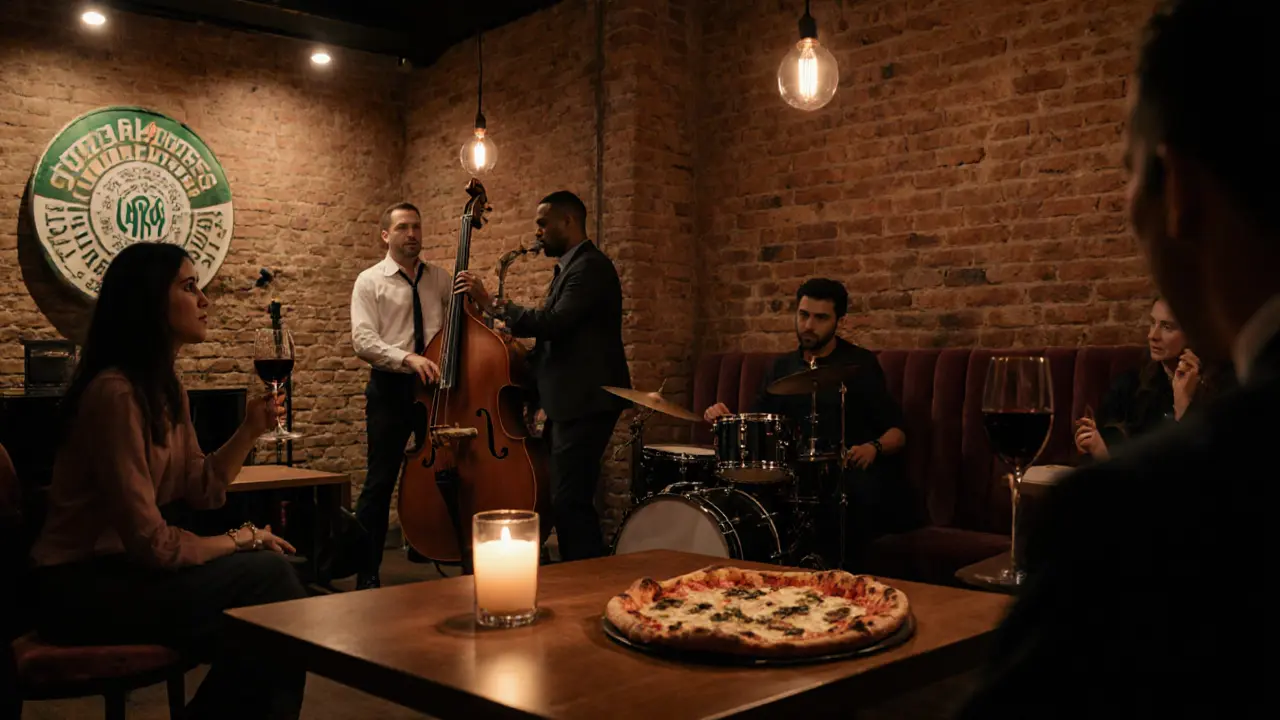 Cozy jazz lounge with live band, dim lights, and pizza table.