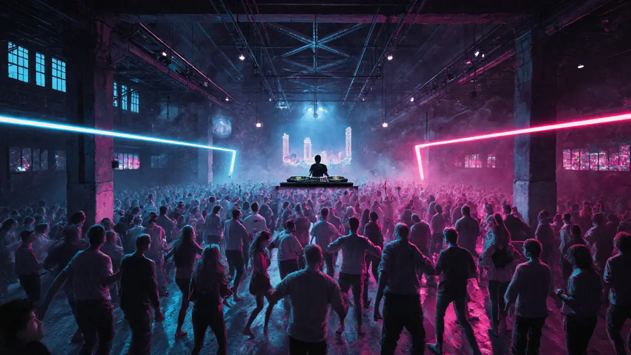 Crowd dancing in a neon-lit warehouse nightclub with no phones, immersed in deep house music.