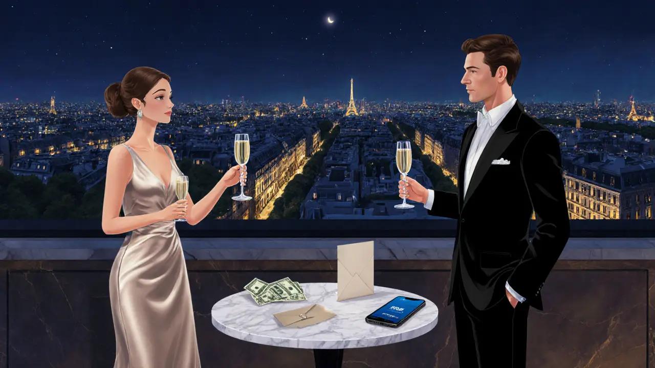 Elegant couple on a rooftop bar with champagne, cash envelope and city lights.