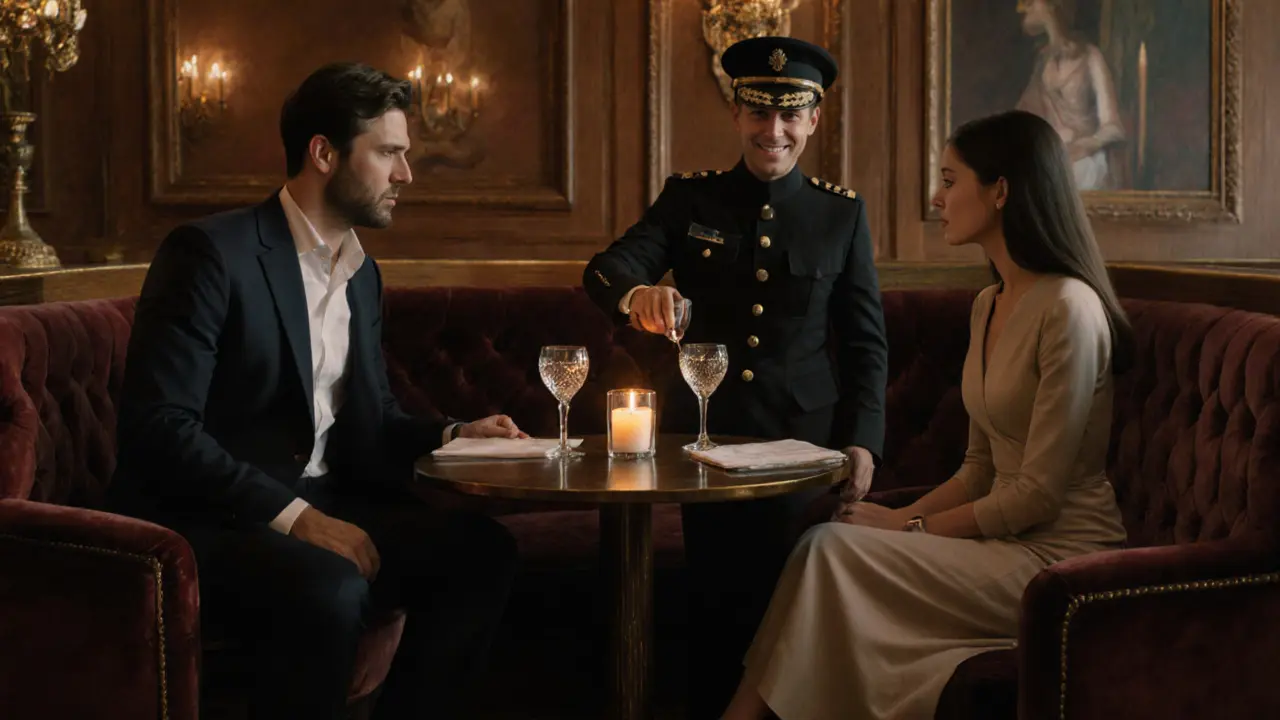 Elegant hotel bar booth with a politely conversing couple and a server.