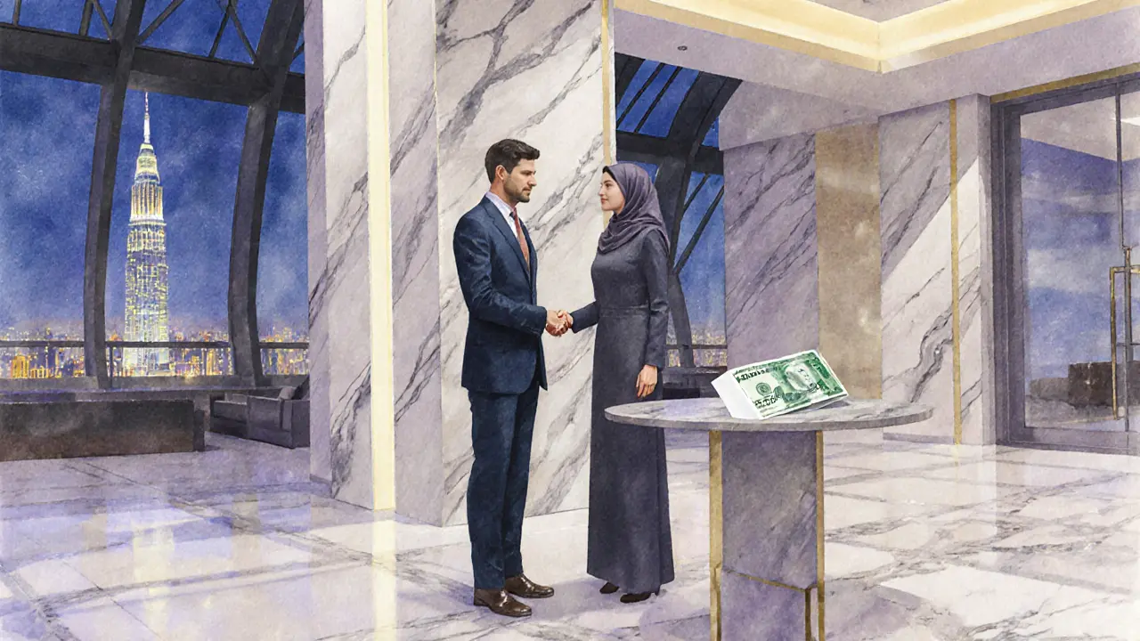Hotel lobby with a discreet handshake and a folded envelope of cash.