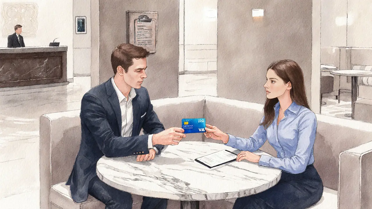 Hotel lounge where a couple discreetly exchange a prepaid virtual card.