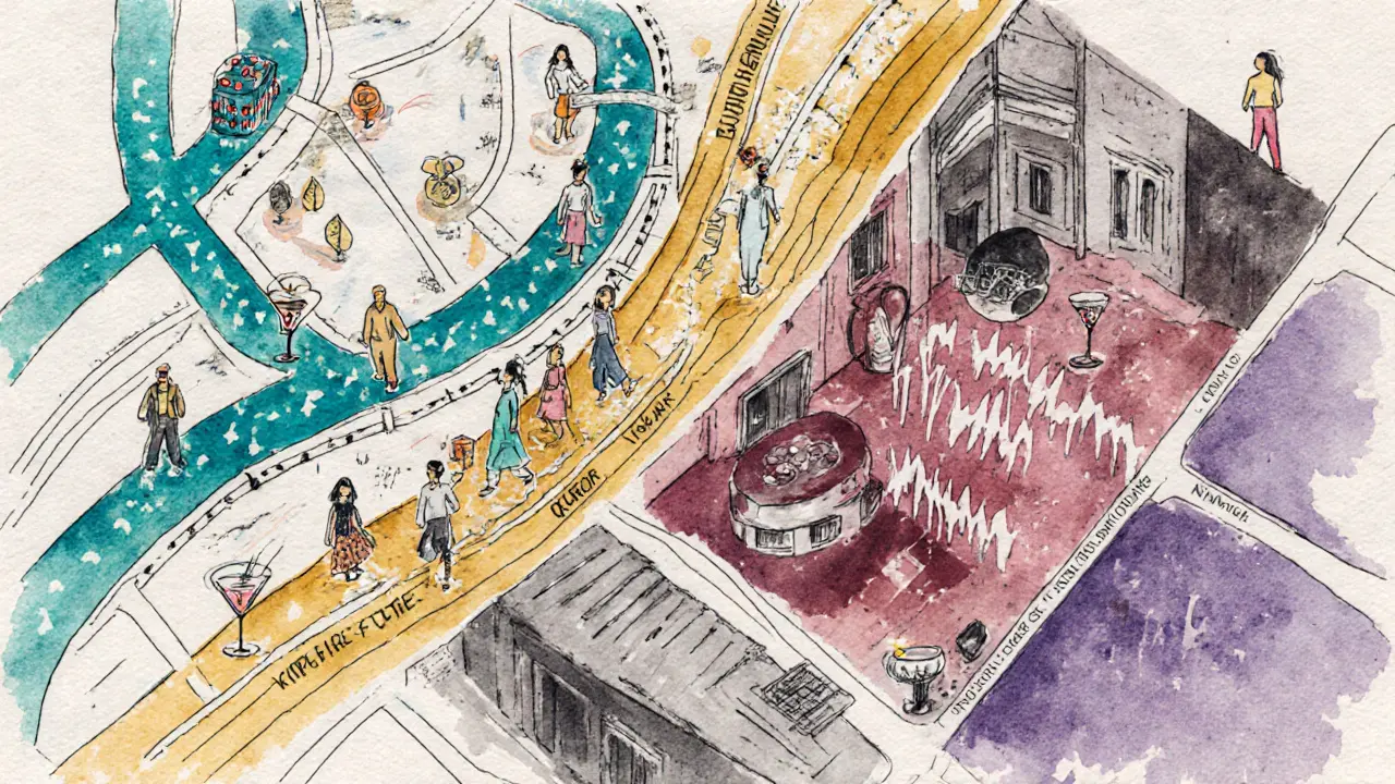 Illustrated map showing Milan nightlife districts with icons and colors.