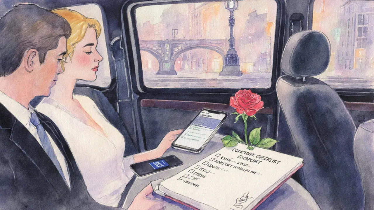 Illustrated private cab scene with a rose, checklist, and a couple.