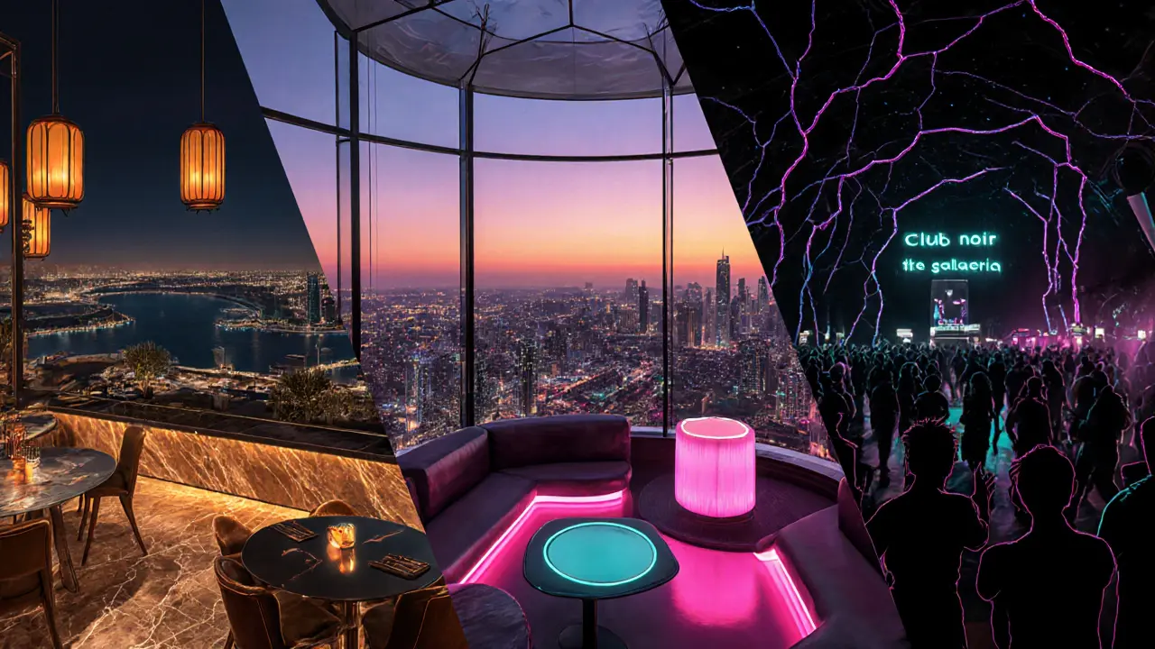 Illustration of three upscale night venues: rooftop lounge, glass lounge, and techno club.