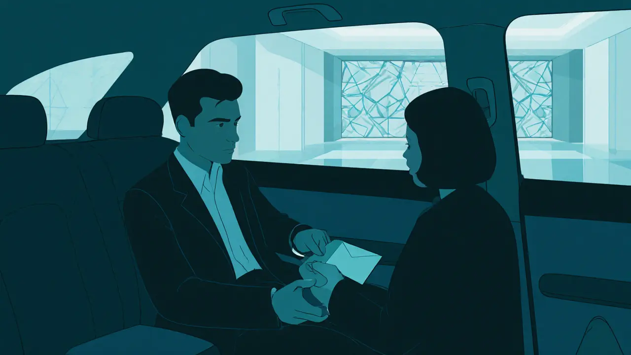 Interior of a tinted limousine showing a discreet handoff of an envelope.