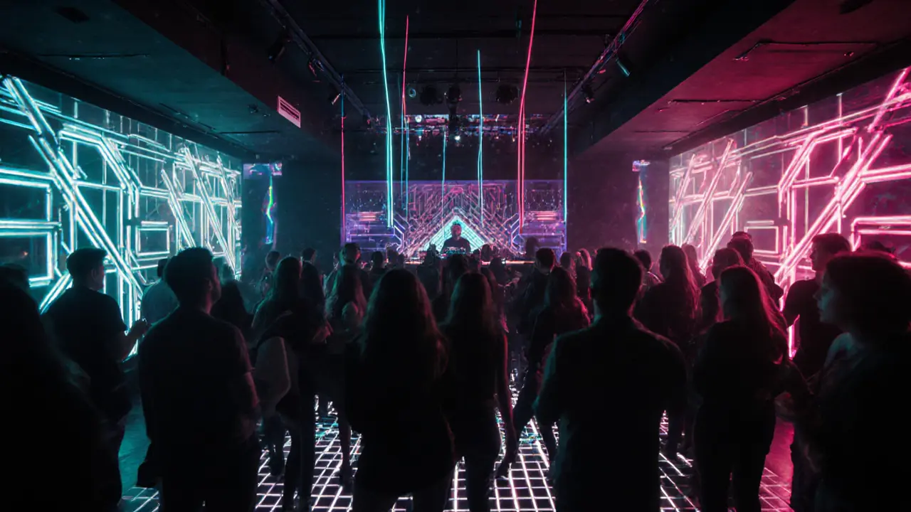 Interior of Cavern club with laser lights, holographic visuals, and a DJ booth.
