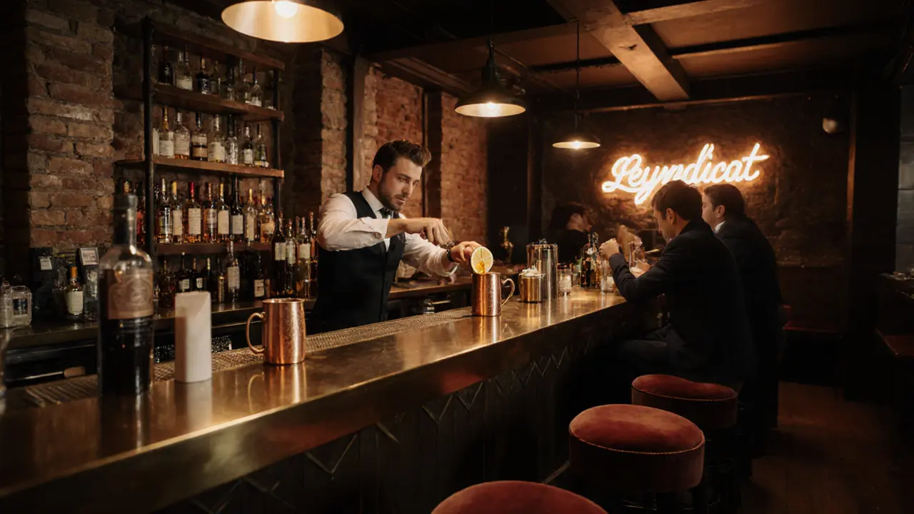 Interior of Le Syndicat bar with bartender mixing a French Mule.