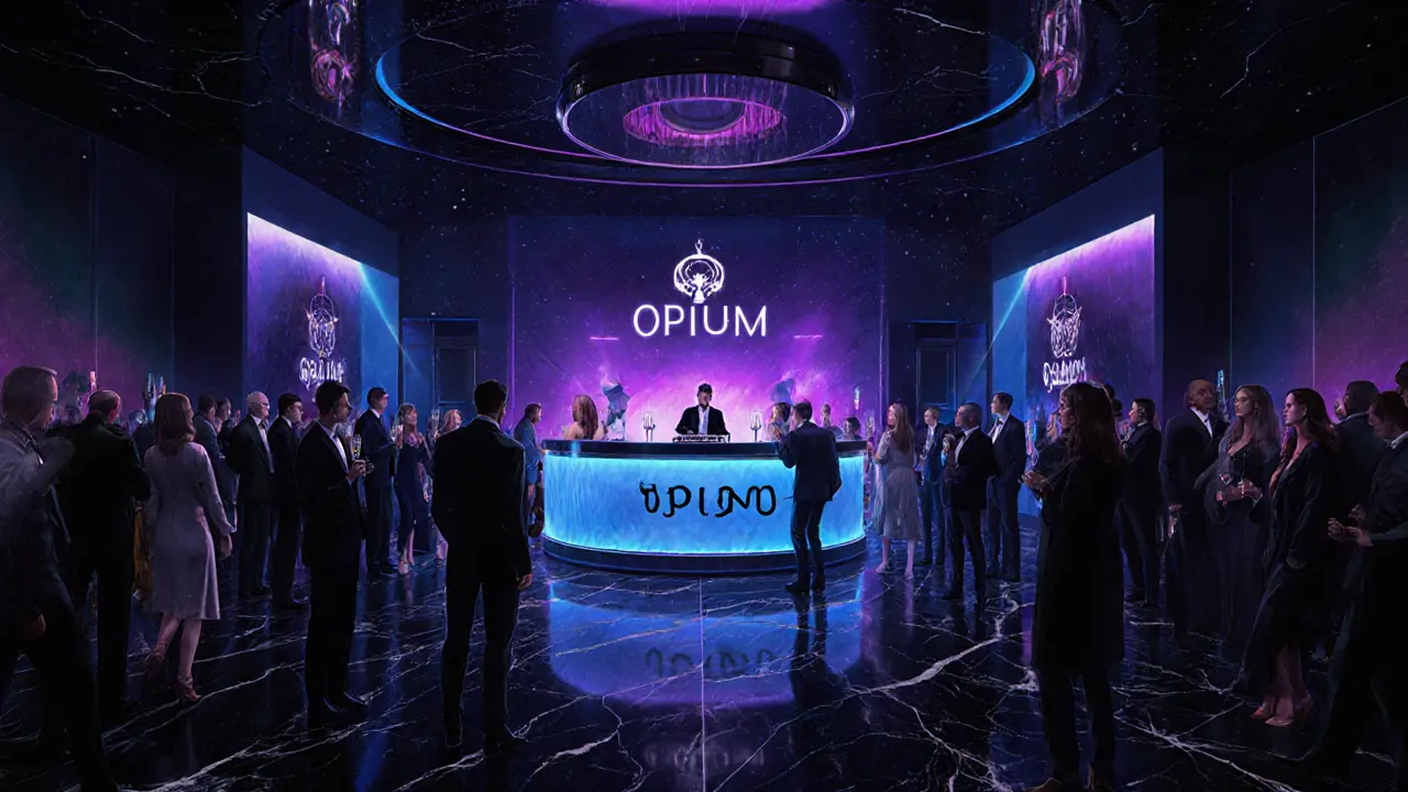 Interior of Opium nightclub with sophisticated guests and glowing neon lights, no text or logos visible.