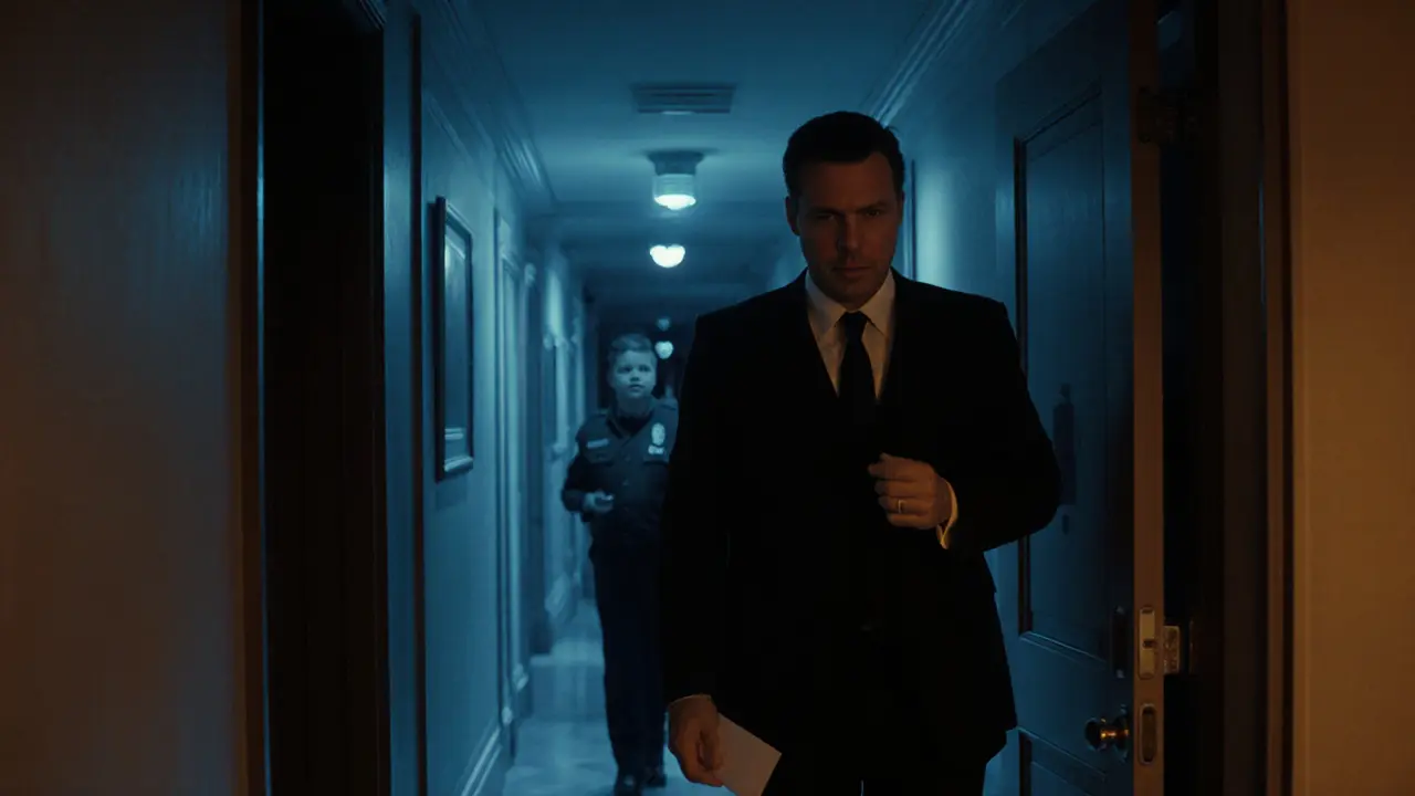 Man leaving a hotel corridor, holding an envelope, with a security guard nearby.