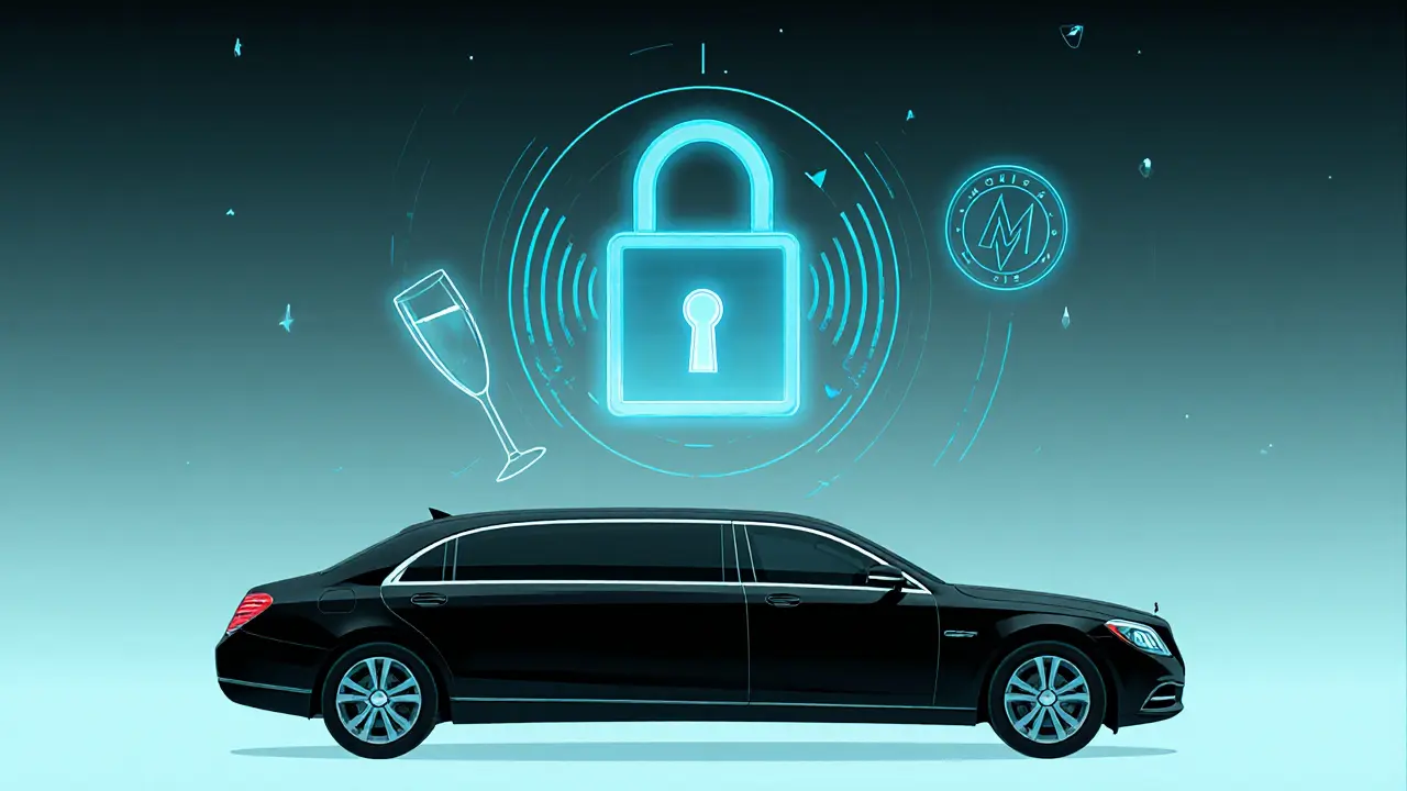 Minimalist illustration of a lock, encrypted icons, limousine, champagne, and cryptocurrency.