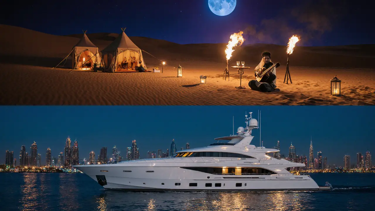 Moonlit desert safari camp with fire shows beside a yacht cruising the illuminated harbor.