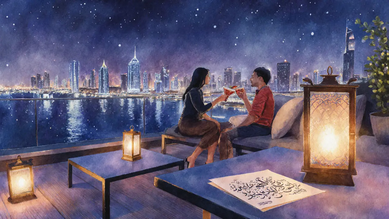 Nighttime rooftop lounge with couple sharing a mocktail and calligraphy note.