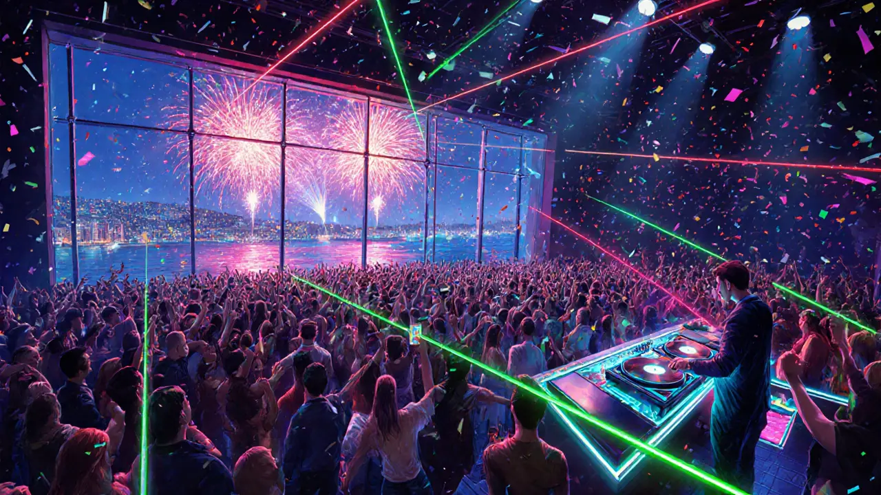 Packed nightclub with DJ, dancing crowd, and fireworks lighting the sky outside.