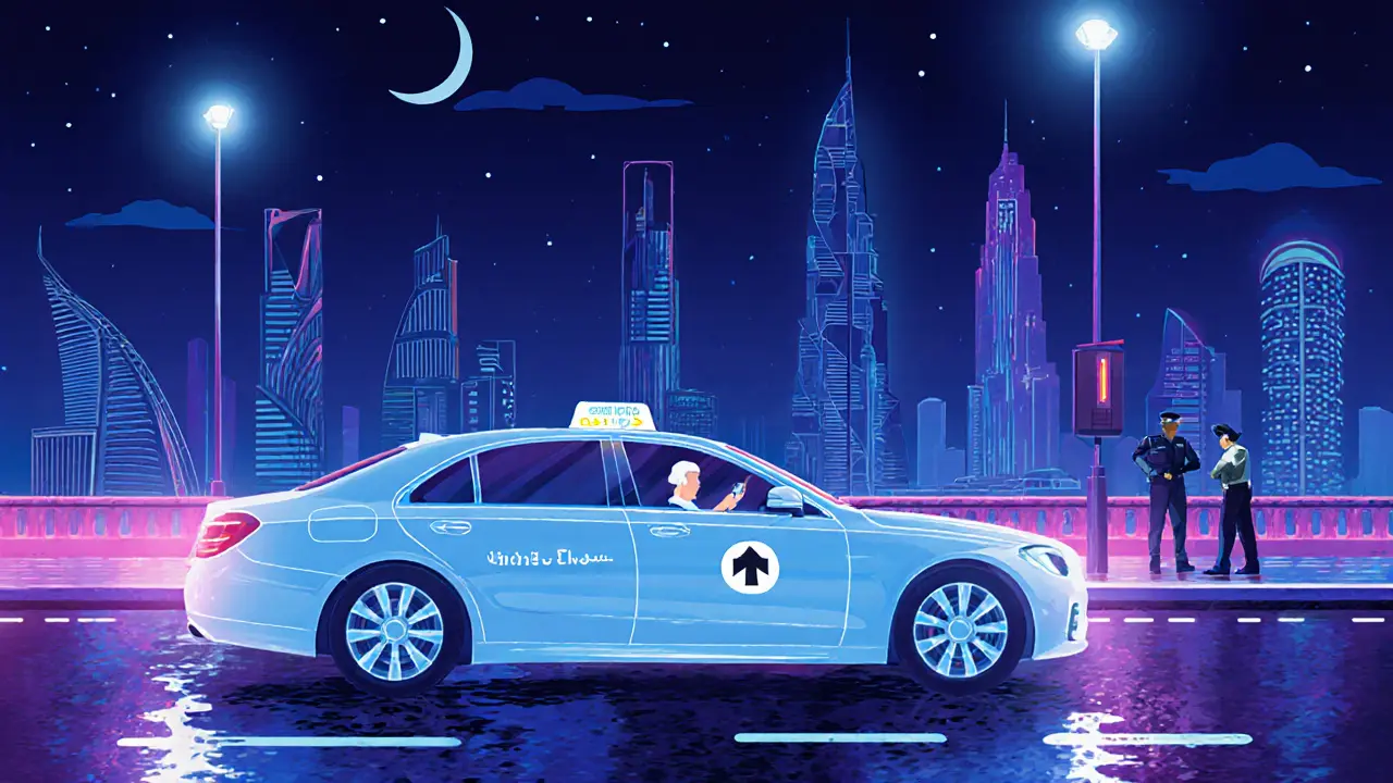 Ride‑hailing car traveling safely at night past illuminated Abu Dhabi landmarks.