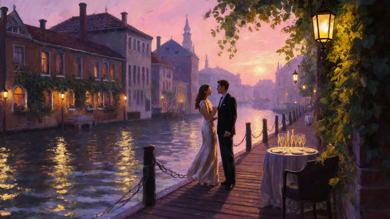 Riverside club at sunset with an elegant escort meeting a client by a candle‑lit table.