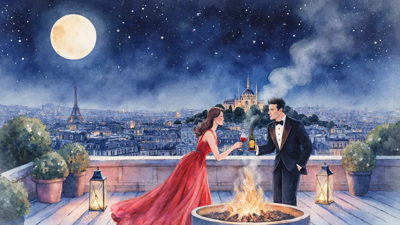 Romantic rooftop scene in Montmartre with couple sharing wine under lanterns.