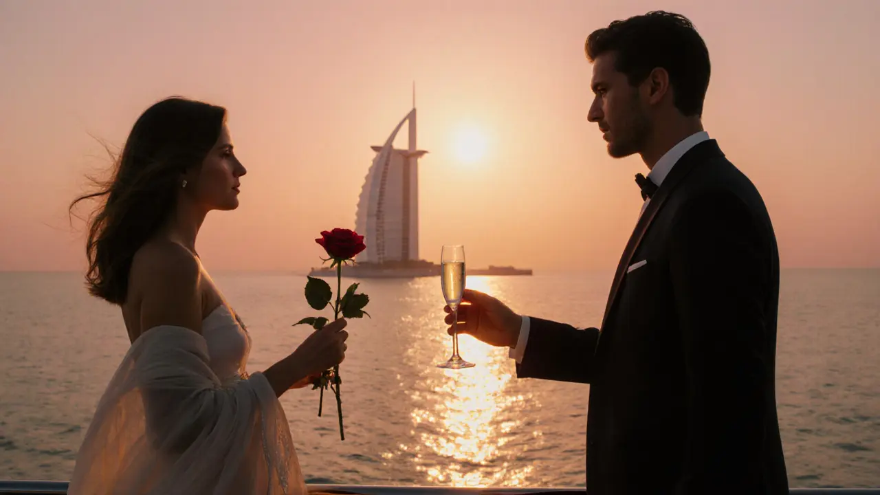 Romantic sunset yacht scene with couple holding a rose and champagne glass.