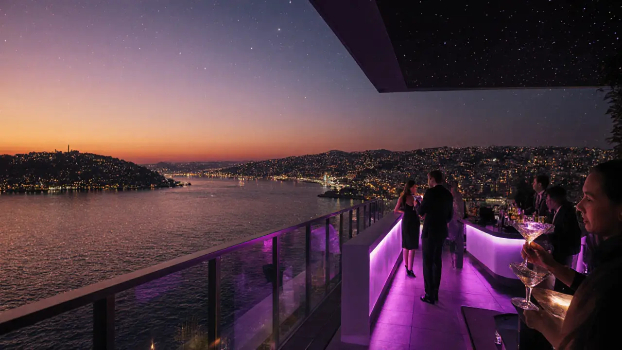 Rooftop bar overlooking the Bosphorus at sunset, guests enjoying cocktails.