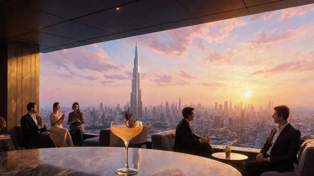 Rooftop bar SkylineLounge with a sunset view of Burj Khalifa and a cocktail on the bar.