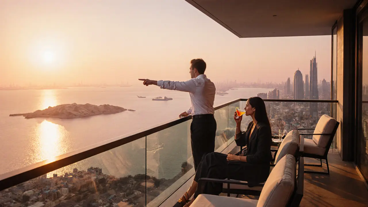 Rooftop lounge scene at sunset with an escort pointing to a desert camp.