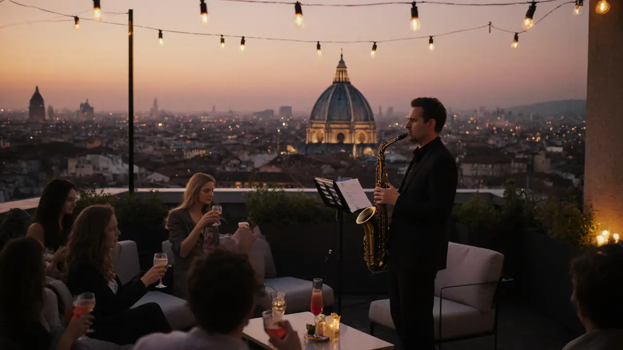 Rooftop terrace at golden hour with saxophonist and skyline view, guests sipping cocktails in calm elegance.