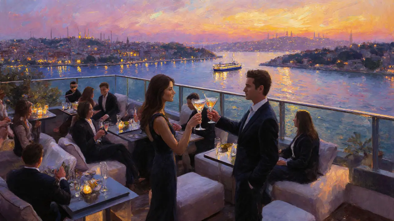Rooftop terrace at sunset with a couple drinking and Bosphorus city lights.