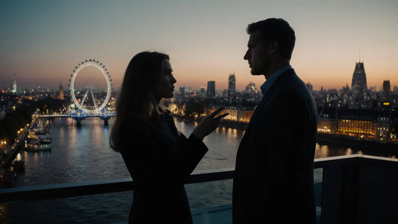 Two people conversing on a rooftop bar with a view of the Thames at dusk, city lights glowing softly in the background.