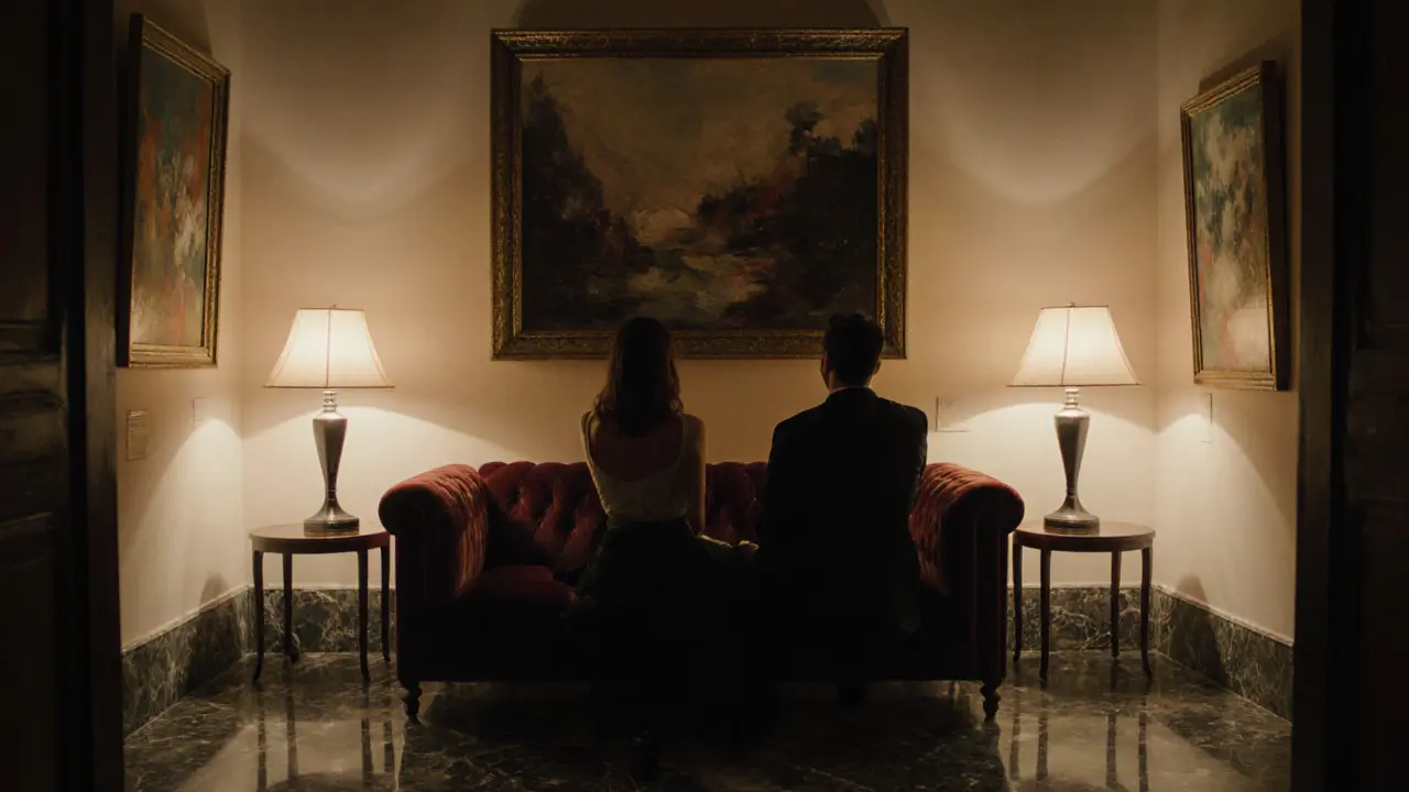 Two people quietly enjoying art in a private Brera gallery, bathed in warm lamplight.