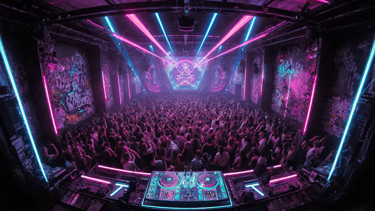 Underground techno club interior with laser lights and dancing crowd.