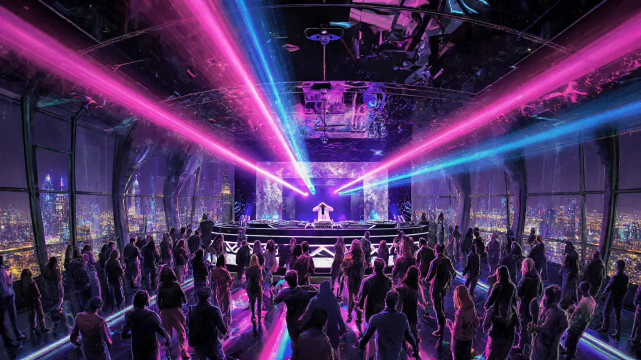 Vibrant club interior at White Abu Dhabi with DJ, laser lights, and dancing crowd.