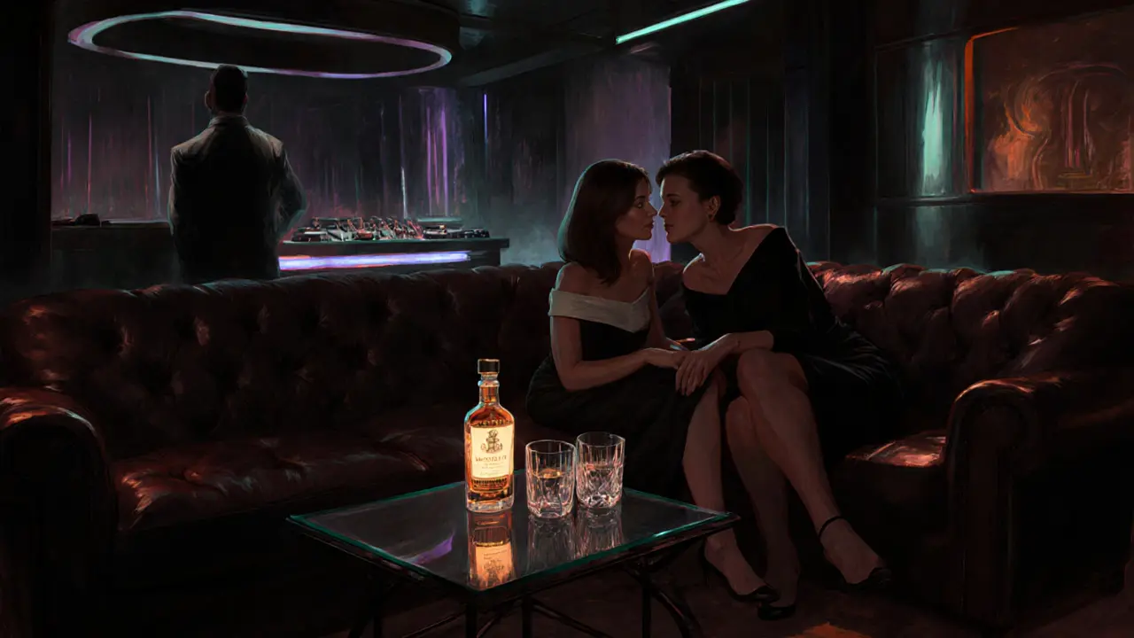 VIP nightclub lounge with plush seating, bottle service, and a discreet companion conversing.