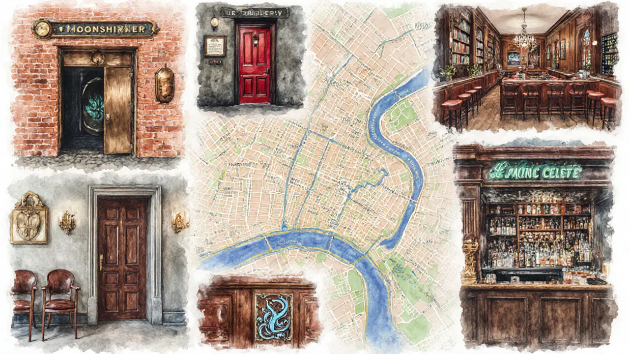 Watercolor collage of Paris’ top elegant cocktail bars.