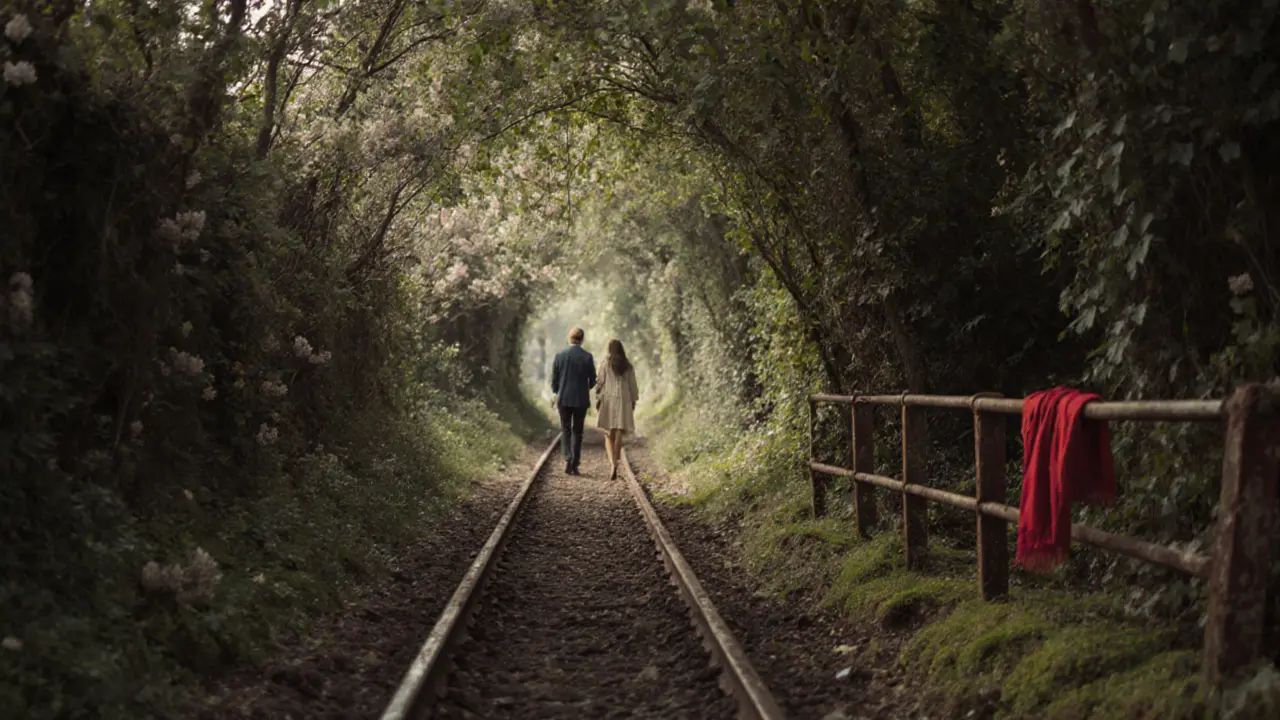 A couple strolling down the overgrown La Petite Ceinture trail, surrounded by wild vines and dappled sunlight, abandoned rails hidden beneath moss.