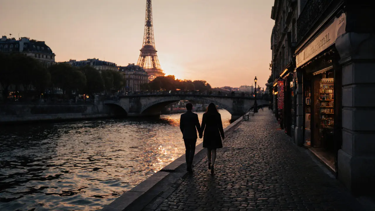 A couple walking along the Seine at dusk, Eiffel Tower glowing in the distance.