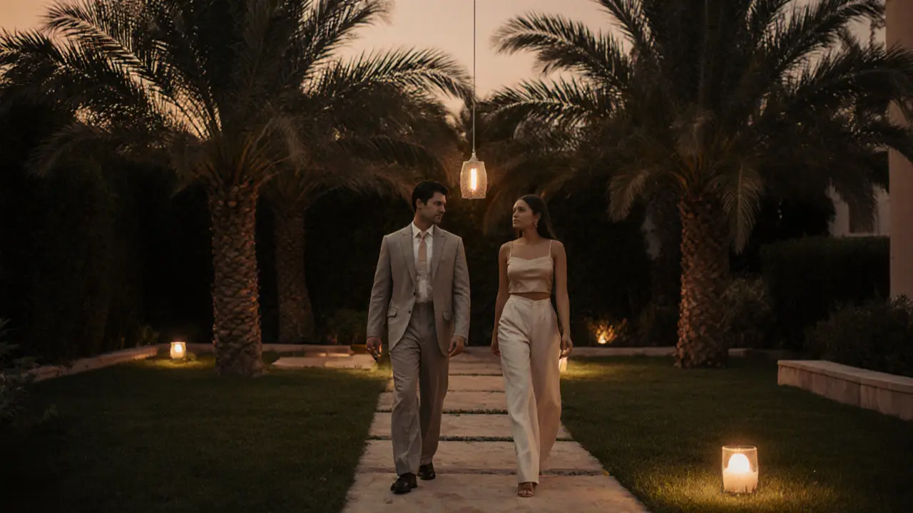 A couple walks through a private villa garden at dusk, dressed in elegant, modest attire.