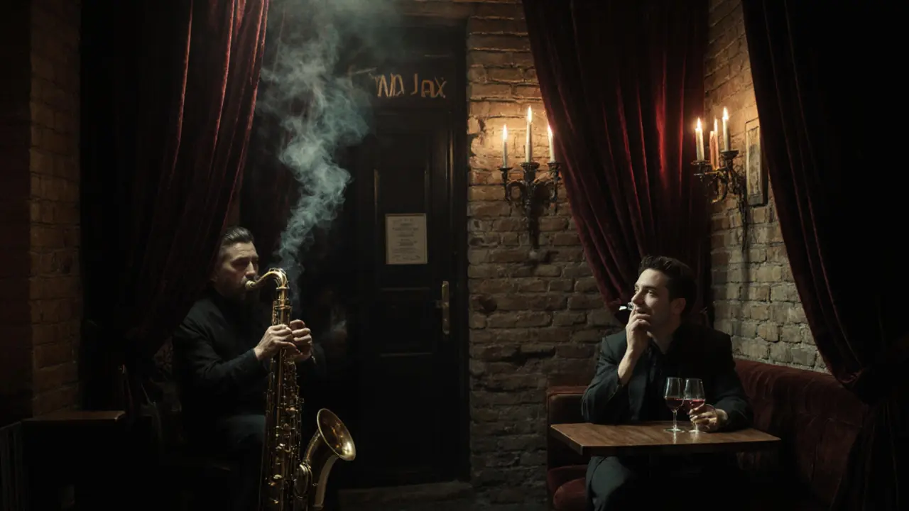 A dim underground jazz club in Paris with candlelight, smoke, and a saxophone on stage.
