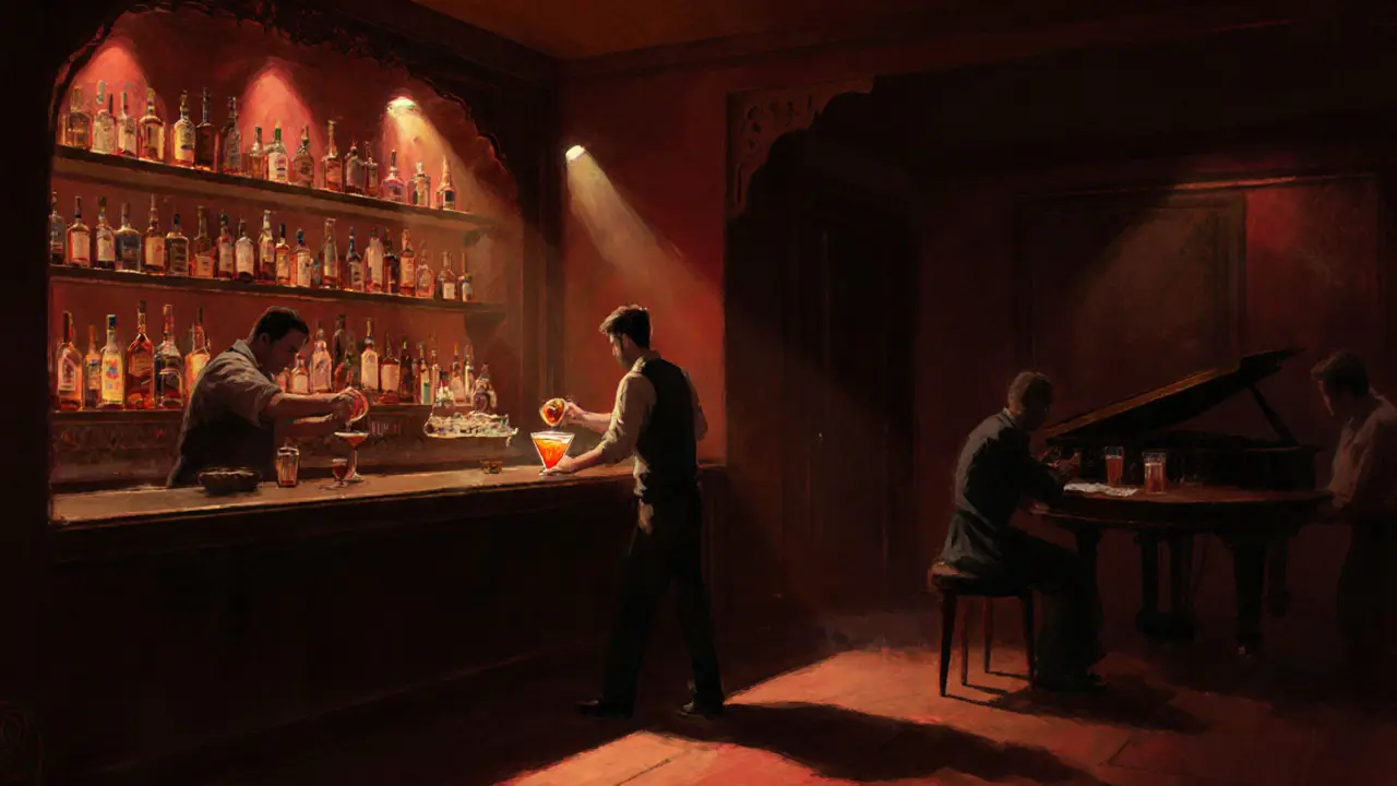 A dimly lit hidden bar with a bartender making a craft cocktail, whiskey bottles, and a piano in the shadows.