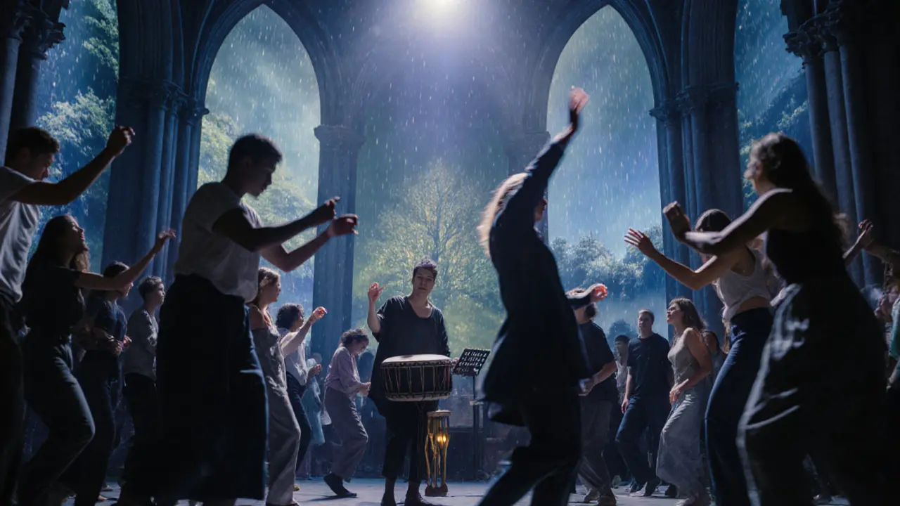 A diverse group dancing silently in a converted church at night, no phones, no words.